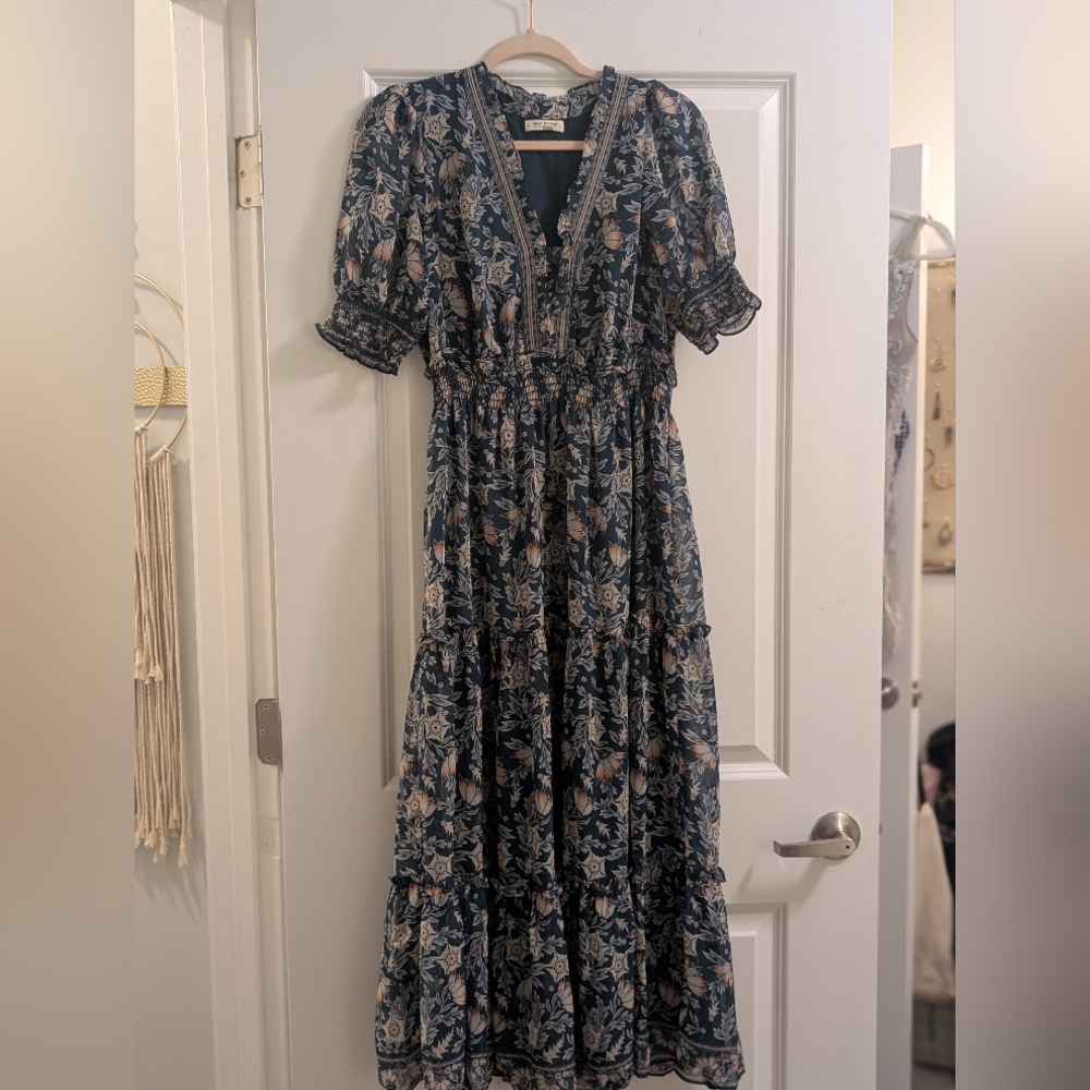 EUC- Max Studio Dark Teal/Blue Tiered Floral Maxi Dress With Short Sleeves